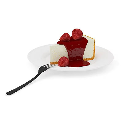 Creamy Cheesecake on White Plate Topped with Fresh Strawberries and Drizzled Red Sauce with Black Fork 3d model
