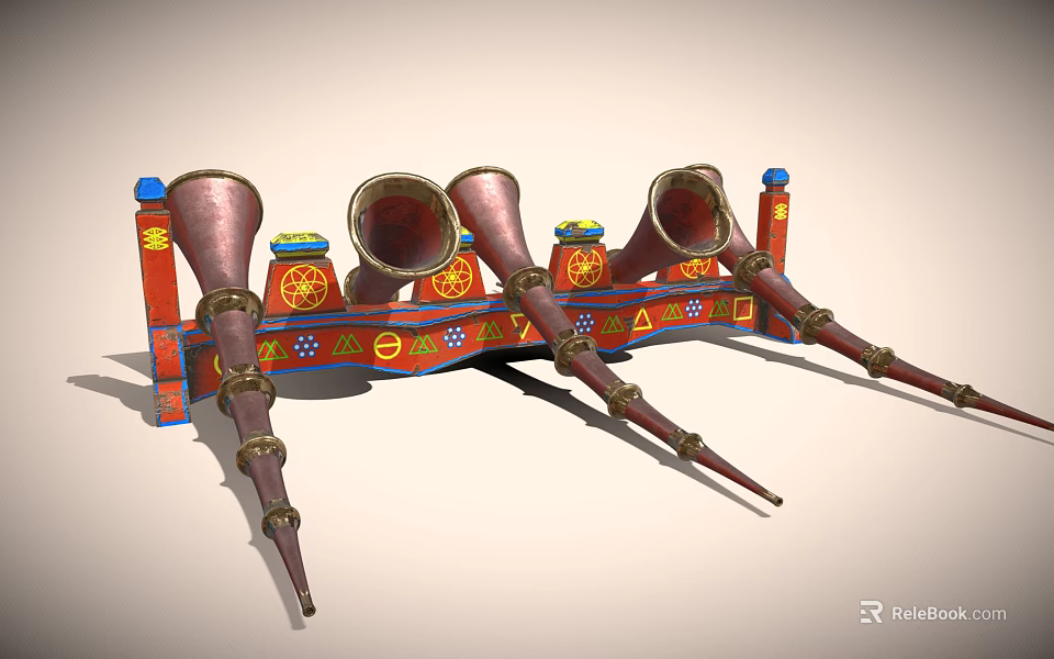 Colorful Musical Instruments And Art Supplies On Decorative Wooden Display Shelf 3d model 