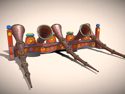 Colorful Musical Instruments And Art Supplies On Decorative Wooden Display Shelf 3d model