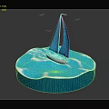 Elegant Sailboat Water Transport on Blue Water Circular Platform with Seagulls