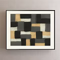 Abstract Painting With Green Square White Brush Strokes And Dark Textured Sections In Black Frame
