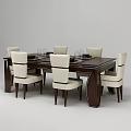 Modern Dining Table Set With Dark Tabletop Light Beige Upholstered Chairs Tableware And Wine Glasses 3d model