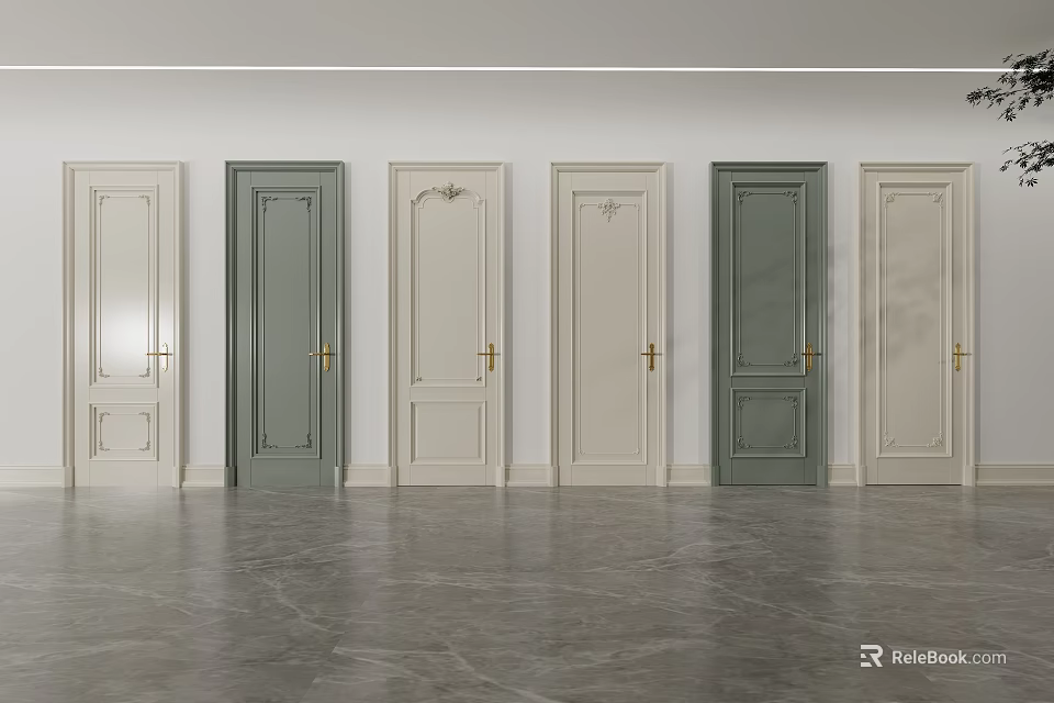 Stylish Swing Doors With Diverse Colors Decorative Patterns And Gold Handles 3d model 