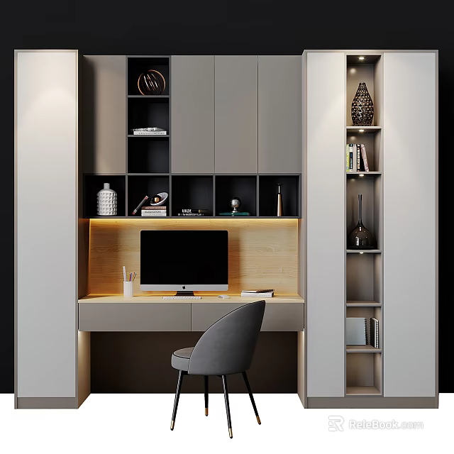 Modern Home Office Desk with Computer Monitor Gray Chair Cabinets and Bookshelves 3d model 