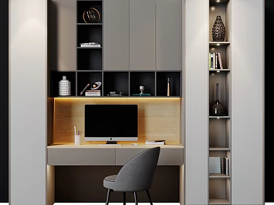 Modern Home Office Desk with Computer Monitor Gray Chair Cabinets and Bookshelves 3d model