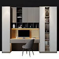 Modern Home Office Desk with Computer Monitor Gray Chair Cabinets and Bookshelves