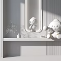 Red Cartoon Sculpture With Yellow Elements Mirror Reflection On White Countertop And Background Wall