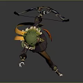 Green Haired Archer Character With Small Animal Pendant And Bow In Dark Golden Trimmed Outfit