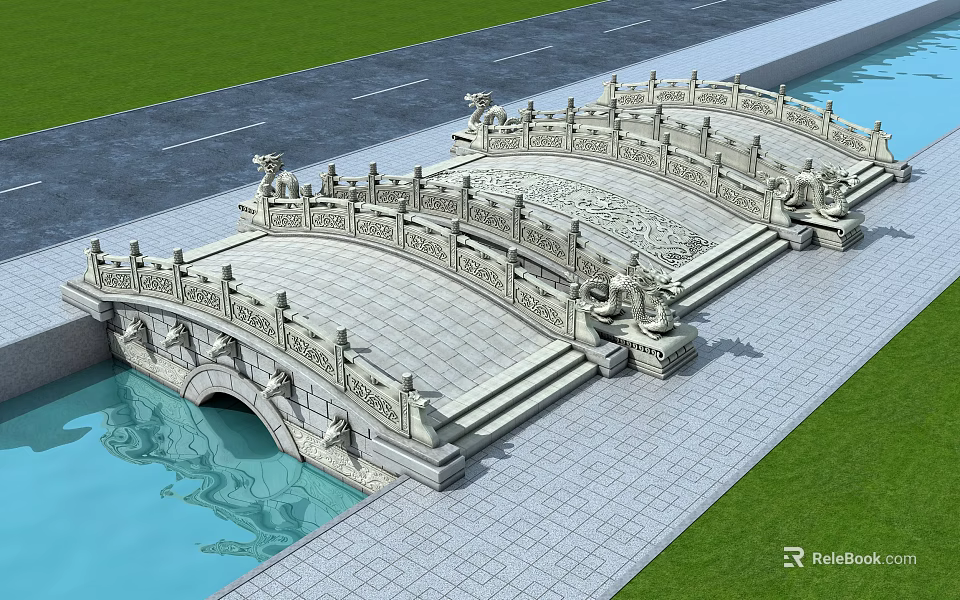 Ancient Stone Bridge With Carved Railings Arch Design Over Water Pool And Green Lawn 3d model 