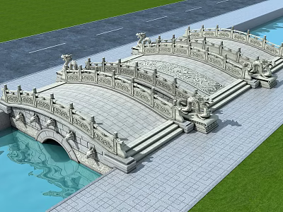 Ancient Stone Bridge With Carved Railings Arch Design Over Water Pool And Green Lawn 3d model