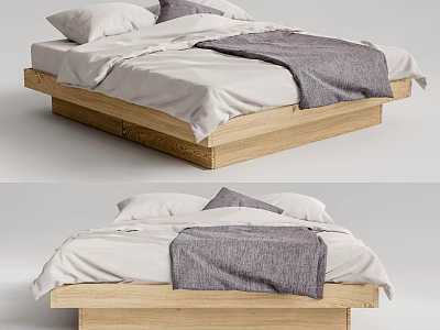 Modern Double Bed With Wooden Frame White Bedsheets And Gray Blanket 3d model