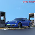 Blue Porsche Sports Car Charging At Electric Vehicle Charging Station