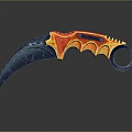 Karambit Tactical Weapon with Orange Red Textured Handle and Black Curved Blade 3d model