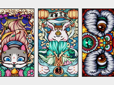 Chinese Style Colorful Illustrations With Cartoon Cat Rabbit Lion Head And Traditional Elements 3d model