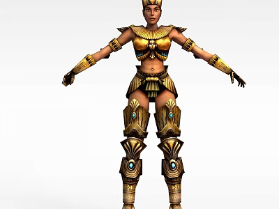 Golden Armored Female Character With Decorative Blue Gemstones Standing Pose Design 3d model