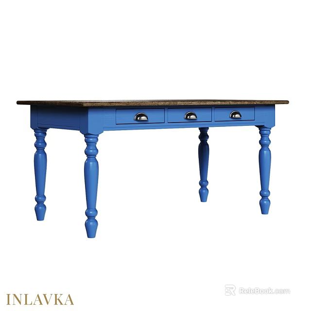 Blue Dining Table With Dark Top Three Drawers And Turned Legs 3d model 