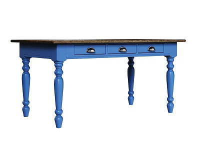 Blue Dining Table With Dark Top Three Drawers And Turned Legs 3d model