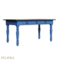 Blue Dining Table With Dark Top Three Drawers And Turned Legs