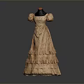 Elegant Vintage Orange Dress With Square Neckline Puffed Sleeves And Layered Ruffled Skirt
