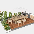 Outdoor Dining Table On Wooden Deck With White Umbrella Wooden Chairs And Green Plants