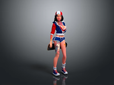 Game Movie Character 3D Wearing Red White Blue Outfit Cap Tattoos Black Bag Sport Shoes 3d model