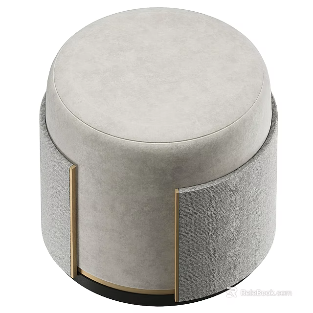 Light Gray Round Ottoman With Soft Fabric Upholstery And Gold Accents 3d model 