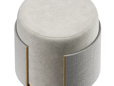 Light Gray Round Ottoman With Soft Fabric Upholstery And Gold Accents 3d model