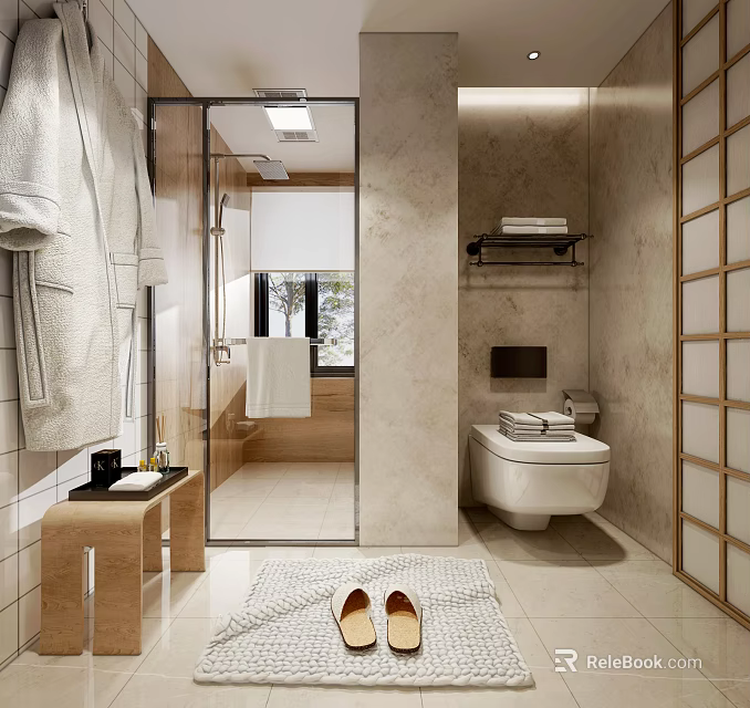 Modern Bathroom Interior With Glass Shower Stone Walls Wooden Shelf Toilet Towels And Slippers 3d model 