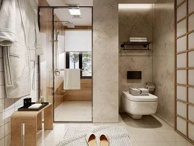 Modern Bathroom Interior With Glass Shower Stone Walls Wooden Shelf Toilet Towels And Slippers 3d model