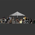 Indoor Gathering Scene With Many People Tables Chairs And Large Umbrella