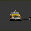 Classic Vintage Yellow Taxi With Rooftop Advertisement Parked On Street