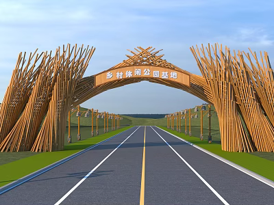 Rural Leisure Park Entrance Gate with Bamboo Arch Structure and Green Lawn Roadway 3d model