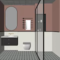 Modern Maroon Bathroom Interior With Oval Gold Frame Mirror Black Vanity And White Hexagonal Tiles