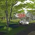 Residential Landscape Design With Lush Trees Green Grass Small Pond Stone Pathway And Chairs