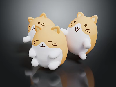 Three Cute Round Yellow White Cartoon Cat Plush Toys With Smiling Faces And Small Paws 3d model