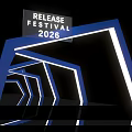 Release Festival 2026 Event Entrance With Blue Geometric Light Frames And Illuminated Design
