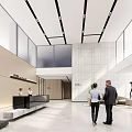 Front Desk Reception in Spacious Bright Lobby With Black Counter Marble Flooring and Glass Walls