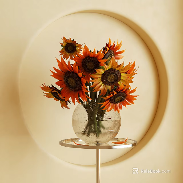 Clear Glass Vase With Sunflowers On Metal Tray Beige Background Circular Decor 3d model 