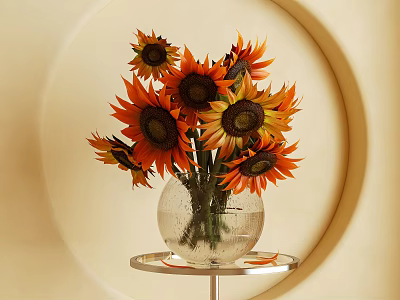Clear Glass Vase With Sunflowers On Metal Tray Beige Background Circular Decor 3d model