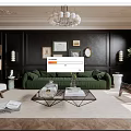 Stylish Living Room Interior With Green Sofa Black Walls Framed Artworks And Chandelier