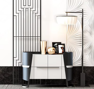 Modern Entryway Console Table And Side Cabinet With Decorative Vases Photo Frames And Floor Lamp 3d model