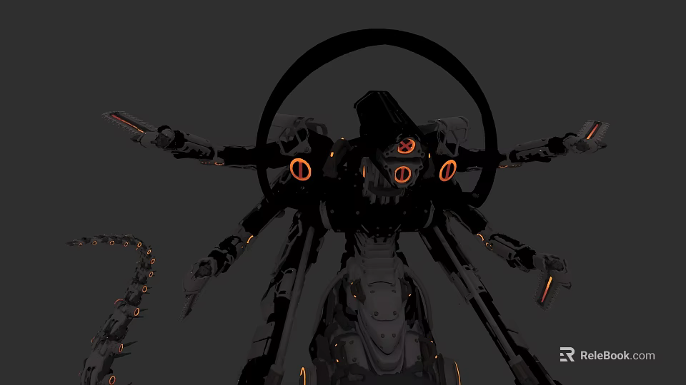 Game Movie Mechanical Character with Multiple Arms and Glowing Orange Eyes Metallic Structure 3d model 