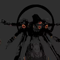 Game Movie Mechanical Character with Multiple Arms and Glowing Orange Eyes Metallic Structure