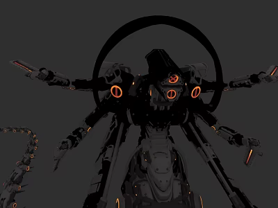 Game Movie Mechanical Character with Multiple Arms and Glowing Orange Eyes Metallic Structure 3d model