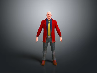 Bald Man Wearing Red Coat Blue Shirt Yellow Tie Blue Jeans And Brown Shoes 3d model
