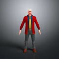 Bald Man Wearing Red Coat Blue Shirt Yellow Tie Blue Jeans And Brown Shoes