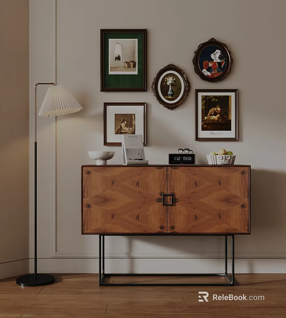 Elegant Wooden Console Sideboard With Wall Art Frames And Table Lamp Decor 3d model 