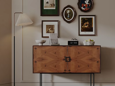 Elegant Wooden Console Sideboard With Wall Art Frames And Table Lamp Decor 3d model