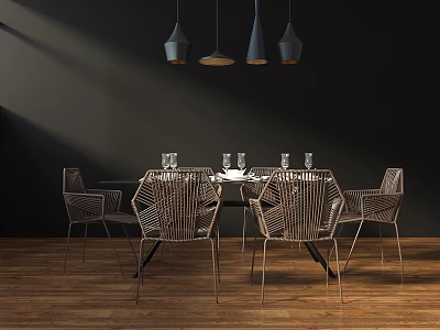 Modern Dining Table Set With Woven Chairs And Pendant Lights On Wooden Floor 3d model