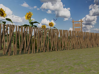 Wooden Fence With Sunflowers And Wooden Sign Under Blue Sky White Clouds 3d model